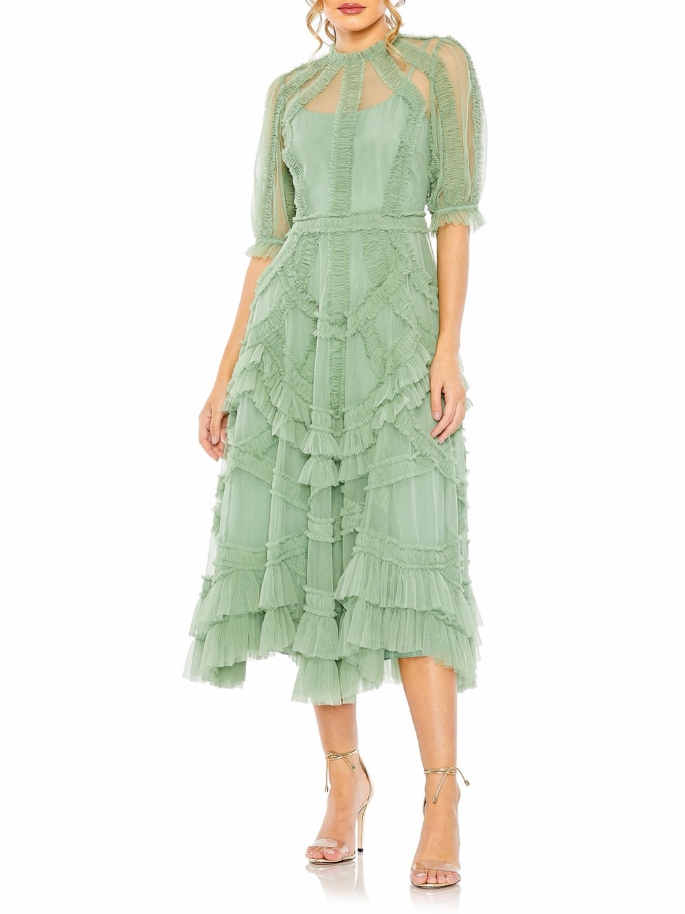 Mac Duggal Sage Green Ruffle Midi Dress Size 10 Wedding Guest